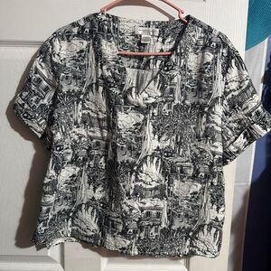 Christopher & Banks Black and White Scenic Print Blouse